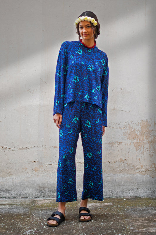 Aqua hoodie - bloom blue print